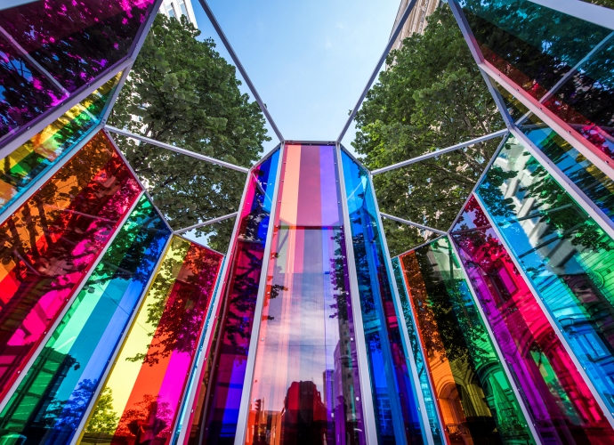 Coloured glass structure as part of the Canary Wharf exhibition
