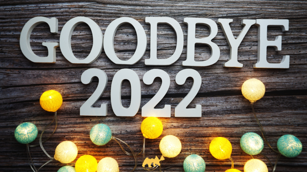 The words goodbye 2022 displayed with fairy lights